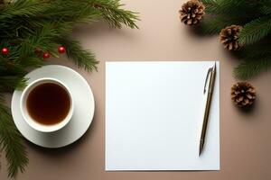 Navidad antecedentes con blanco papel y decoraciones en un blanco mesa. foto