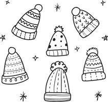 set vector of warm winter hats with pom-poms