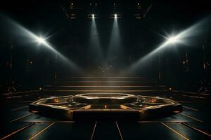 Black podium on a dark background with spotlights and yellow neon backlight. Empty pedestal for award ceremony. Platform illuminated by spotlights. photo