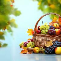 otoño todavía vida con cesta de frutas y vegetales en de madera mesa. ai generativo foto