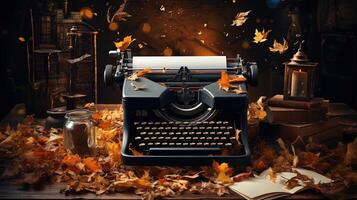 Vintage typewriter and autumn leaves on wooden background. Copy space. AI generative photo