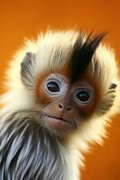 Portrait of a cute red-shanked douc langur on orange background. AI generative photo