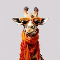 giraffe wearing sunglasses and orange scarf isolated on gray background. AI generative photo