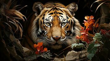 Beautiful tiger with flowers in the jungle. 3Digital painting of a wild animal. AI generative photo