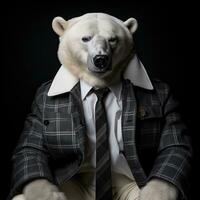 Polar bear in a business suit and tie on a dark background.AI generative photo