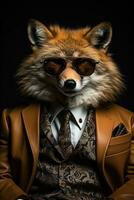 Portrait of a fox wearing a red jacket and sunglasses on a black background. AI generative photo