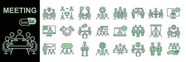 Meeting line icon set. Included icons as meeting room, team, teamwork, presentation, idea, brainstorm and more. vector