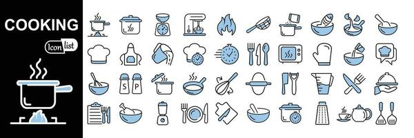 Cocinando y cocina icono colección .describir estilo azul icono conjunto Cocinando libro, fritura tiempo, caliente cacerola. vector ilustración.