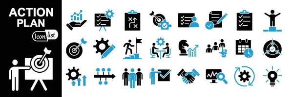 Action plan icon set. Containing planning, schedule, strategy, analysis, tasks, goal, collaboration and objective icons. Solid icon collection. vector