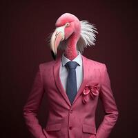 Flamingo in a pink suit and tie on a dark background. anthropomorphic flamingo. AI generative photo