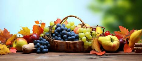 Autumn still life with basket of fruits and vegetables on wooden table. AI generative photo