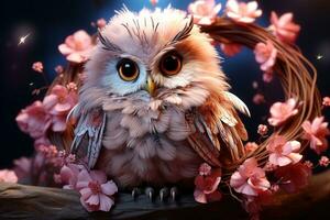 Cute owl sitting in the nest with pink flowers. AI generative photo