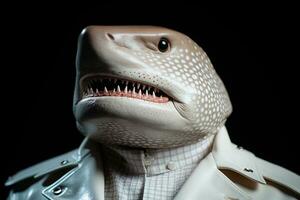 Shark in a business suit on a black background. anthropomorphic shark. AI generative photo