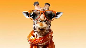 giraffe wearing sunglasses and orange scarf isolated on gray background. AI generative photo