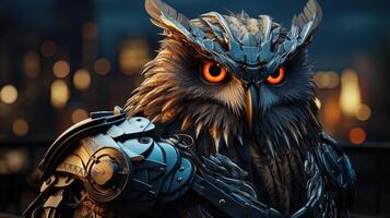 3D illustration of a fantasy character, an owl in armor. AI generative photo