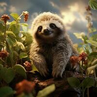 Cute sloth on the background of flowers in the meadow. AI generative photo