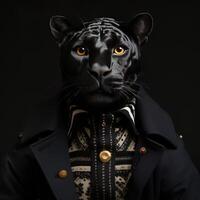 Portrait of a leopard in a jacket on a dark background. anthropomorphic leopard. AI generative photo