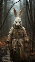 Rabbit hunter in the forest. A hare in a hunting suit and rabbit ears. AI generative photo