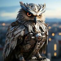 3D illustration of a fantasy character, an owl in armor. AI generative photo