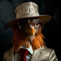 Portrait of a rooster wearing glasses and a bow tie. anthropomorphic hen. AI generative photo