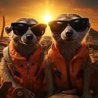 suricatas en naranja chaquetas y Gafas de sol en puesta de sol antecedentes. ai generativo foto