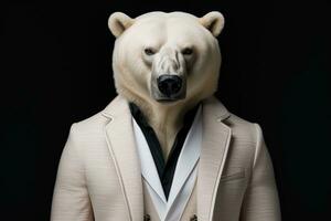 Polar bear in a business suit and tie on a dark background.AI generative photo