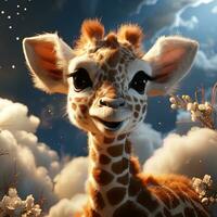 Cute baby giraffe with big eyes and clouds of smoke on background. AI generative photo
