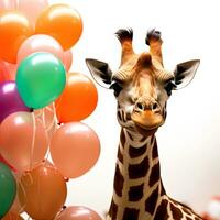 giraffe head with colorful balloons isolated on a white background. AI generative photo
