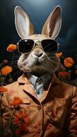 Easter bunny with bow tie and sunglasses on abstract colorful background. AI generative photo