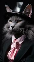 Portrait of a beautiful cat in a top hat on a black background. AI generative photo