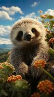 Cute sloth on the background of flowers in the meadow. AI generative photo