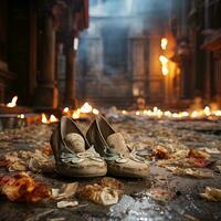 ardiente Zapatos en el calle en el ciudad. selectivo enfocar. ai generativo foto