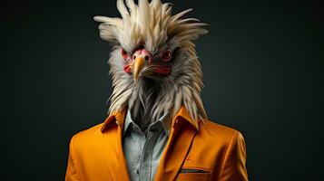 retrato de un gallo en un traje en un oscuro antecedentes. antropomórfico animal. ai generativo foto