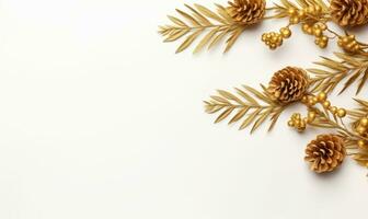 golden christmas items, fir branches on a white blackground AI Generated photo