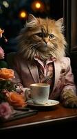Cute fluffy cat in a pink suit and hat sits in a vintage room. AI generative photo