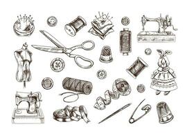 Vintage set of hand drawn sewing icons. Vector illustrations in sketch style. Handmade, sewing equipment concept in vintage doodle style. Engraving style.