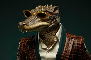 Funny crocodile in a suit, hat and glasses on a dark background. AI generative photo