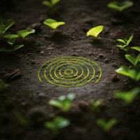Conceptual image of a spiral on the ground with green leaves. AI generative photo