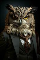 Elegant owl in a suit and a hat on a dark background. anthropomorphic animal. AI generative photo