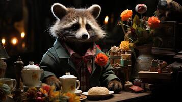 Panda in the night. Red panda wearing suit and hat sits in a vintage room. AI generative photo