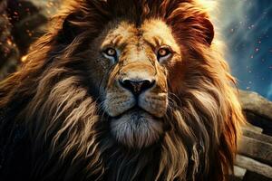 Portrait of a lion in the wild. anthropomorphic lion. AI generative photo