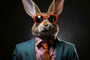 Easter bunny with bow tie and sunglasses on abstract colorful background. AI generative photo