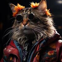 Portrait of a bengal cat wearing sunglasses and a jacket. AI generative photo