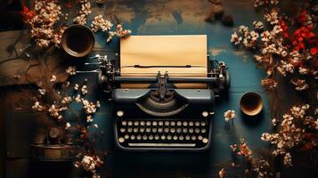 Vintage typewriter and autumn leaves on wooden background. Copy space. AI generative photo