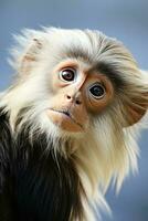 Portrait of a cute red-shanked douc langur on orange background. AI generative photo