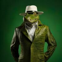 Funny crocodile in a suit, hat and glasses on a dark background. AI generative photo