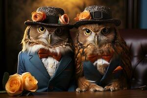 Elegant owl in a suit and a hat on a dark background. anthropomorphic animal. AI generative photo