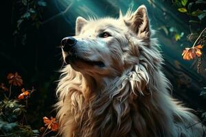 Portrait of a white wolf. Wolf in the whimsical forest. AI generative photo