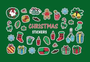 Set of stickers - Christmas elements, vector doodle illustration. Wreath, cookies and gingerbread, hot chocolate, Christmas balls, candles, bells, gifts, sugar cane, mittens, socks, cinnamon