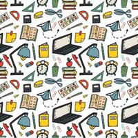 Seamless school pattern - objects and supplies for studying. Laptor, lamp, books, pen, pencill, paints, alarm clock. Vector doodle illustration white background for packaging, textile, wallpaper